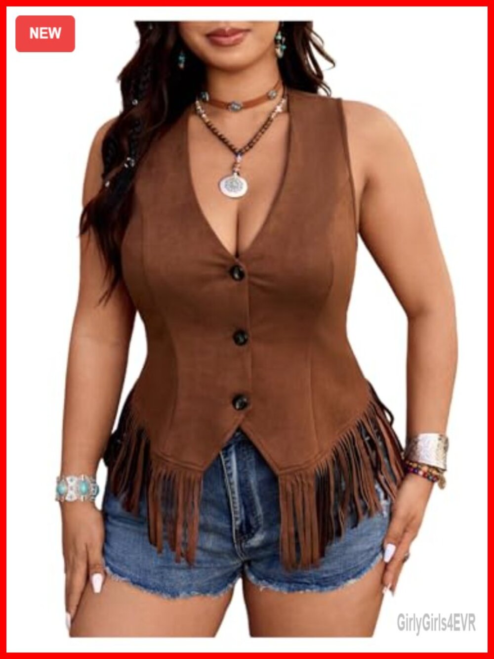 Plus Size Fringe Trim Tank Top V Neck Button Down Western Cowgirl